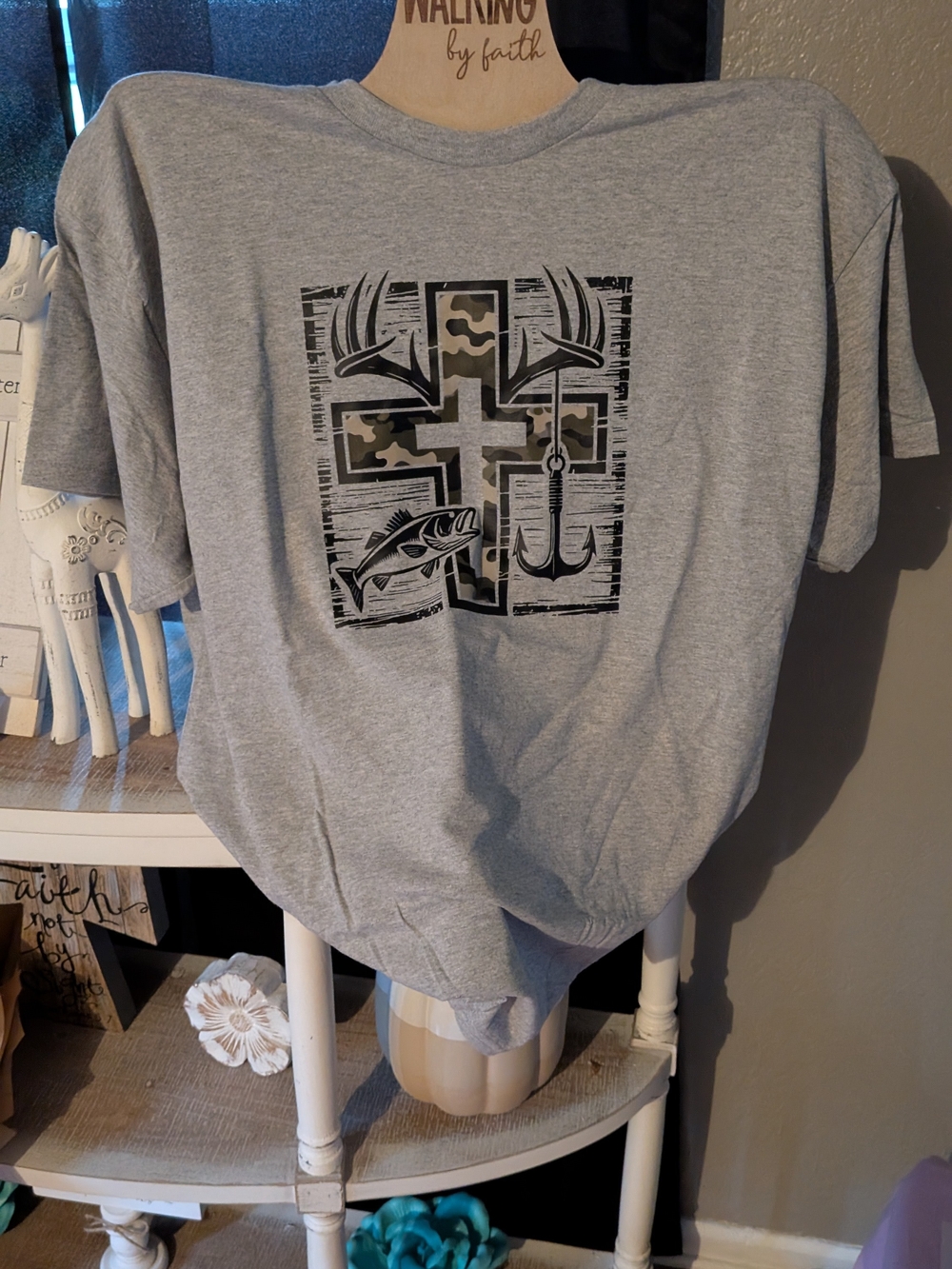 Gildan Gray Short Sleeve Tee with Camo Cross and Fishing Graphic